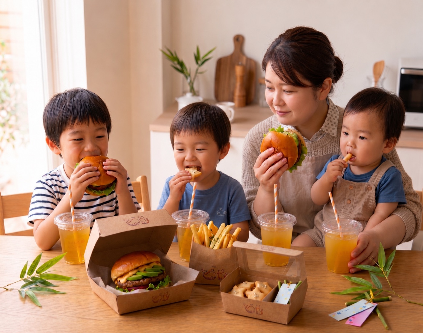 スターライトバーガーを頬張るお母さんと3人の子どもたち